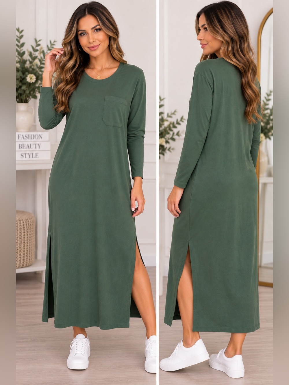 Double Zero- Lounge Long Sleeve Pocket Maxi Dress- Gray Green